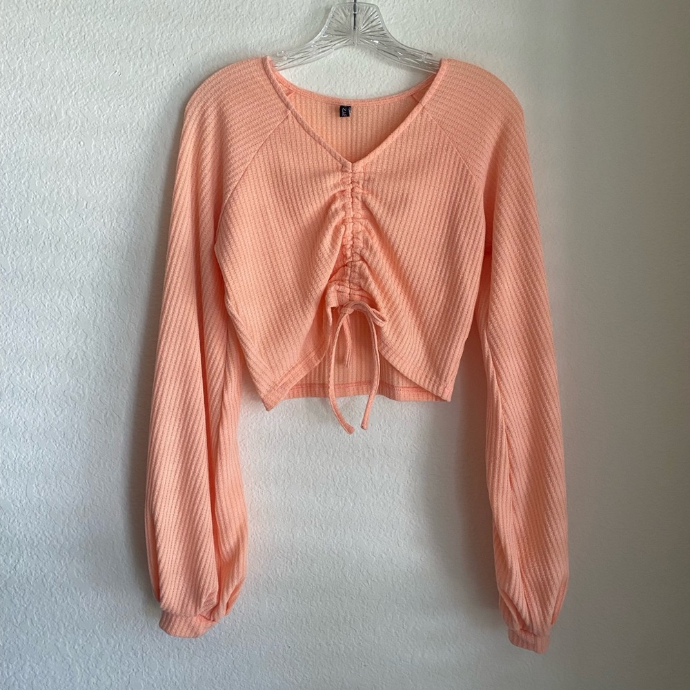 Zaful Orange Pink Balloon Sleeved Ruched Crop Blouse Size M